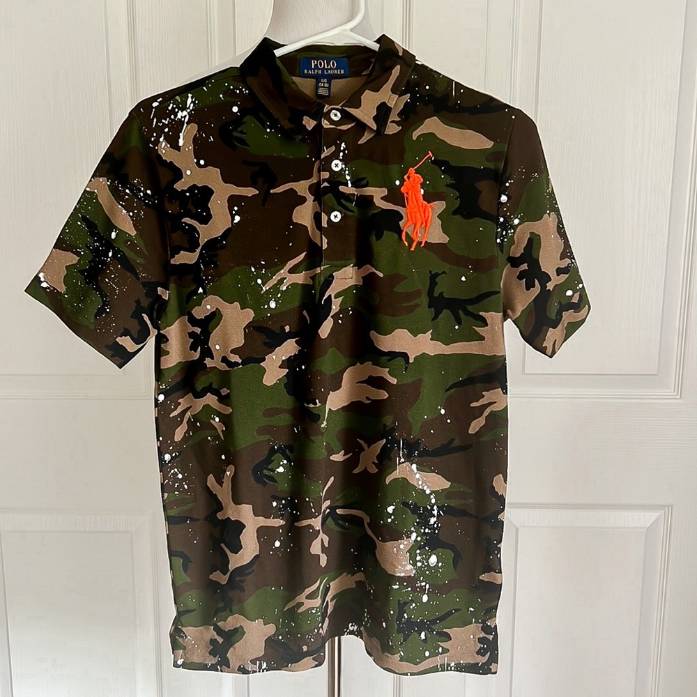 Polo Ralph Lauren Big Pony Green Camouflage Paint Splatter Shirt Youth Sz Large